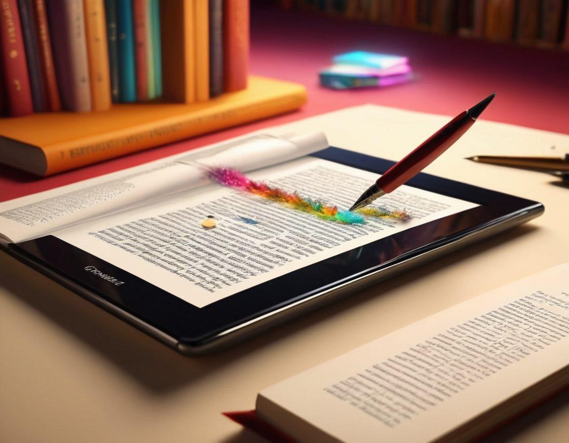 A dynamic scene showcasing a quill pen morphing into a digital stylus, surrounded by floating pages transitioning into vibrant digital screens filled with stories. Include elements like shimmering pixels, glowing words, and a backdrop of an ethereal library blending traditional books and modern digital displays. The atmosphere should convey creativity and innovation in storytelling. super-realistic. vibrant colors. 3D.