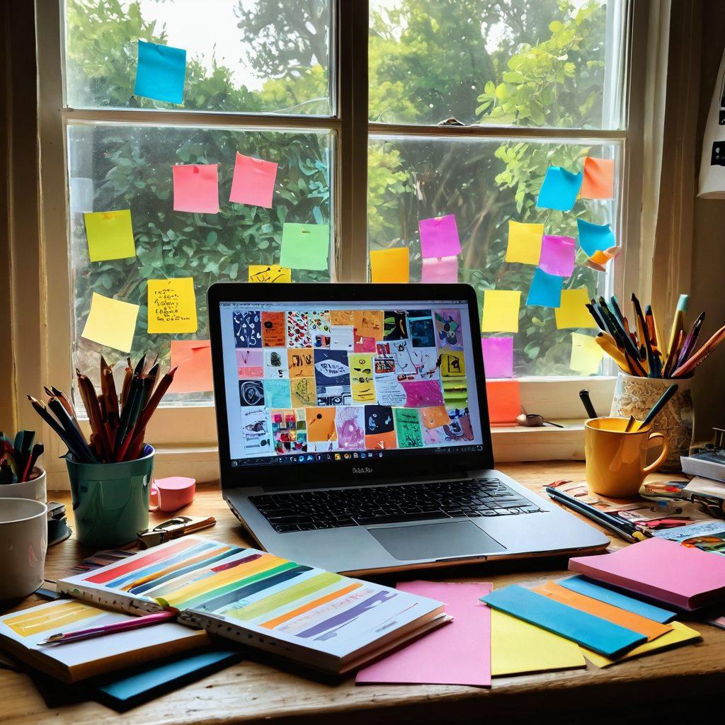 A whimsical workspace overflowing with colorful art supplies, a laptop open with a blog post on the screen, sticky notes with brainstorming ideas around, and a large window letting in bright sunlight, inspiring creativity. surreal art. vibrant colors. playful design.