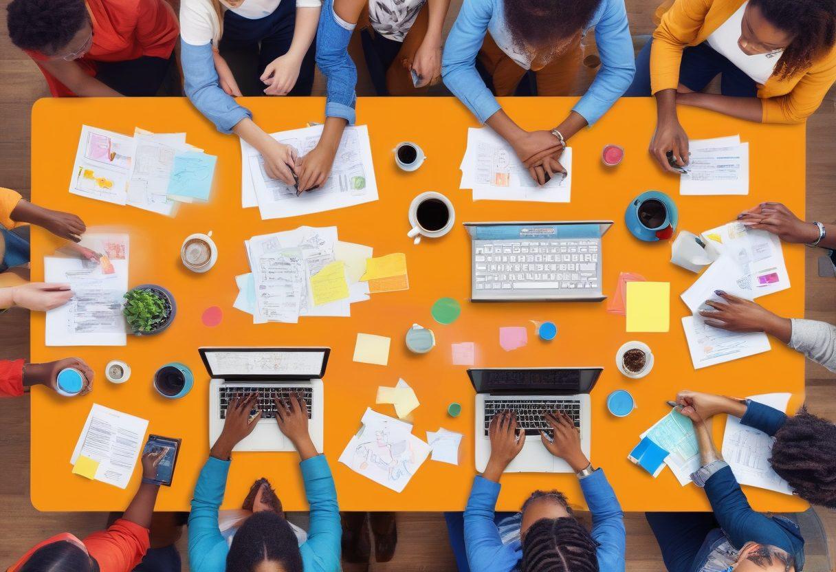 An artistic representation of a diverse group of bloggers collaborating around a large table, surrounded by colorful charts and laptops filled with engaging content. Include elements like coffee cups, scattered notes, and a whiteboard filled with creative ideas and strategies. The scene conveys teamwork and creativity in blog management. vibrant colors. dynamic composition. digital art.